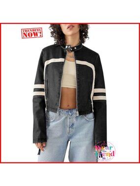 Women's Faux Leather Cropped Moto Biker Jacket Racer Coat